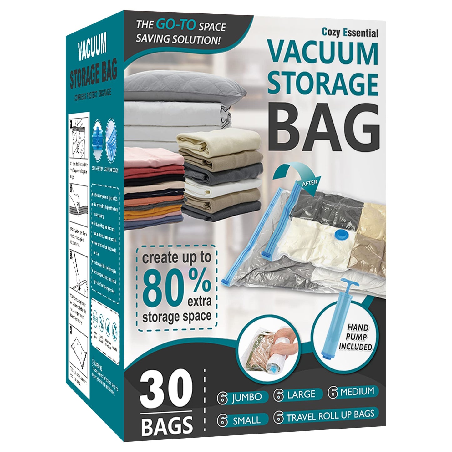CozyVac Travel Bags with Pump - 6 Pack Space Savers