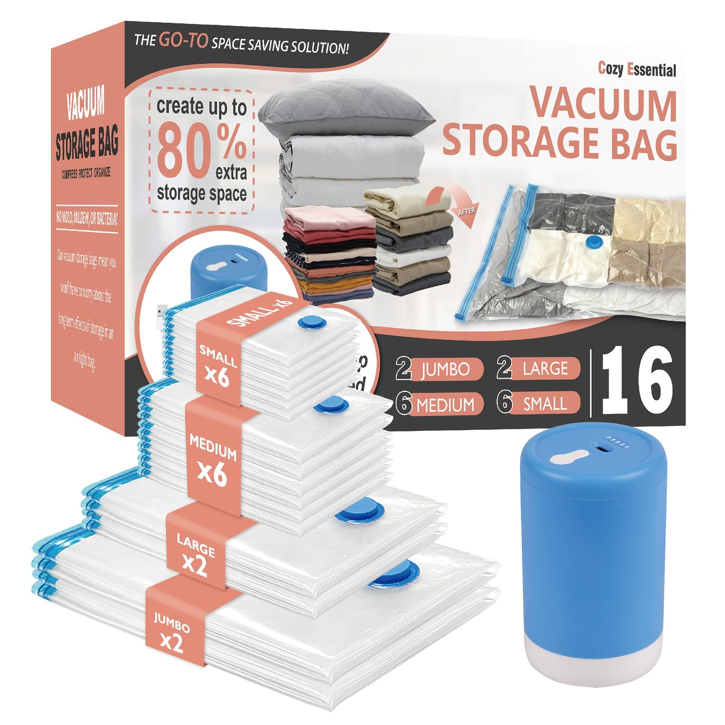 CozyVac Travel Bags with Pump - 6 Pack Space Savers
