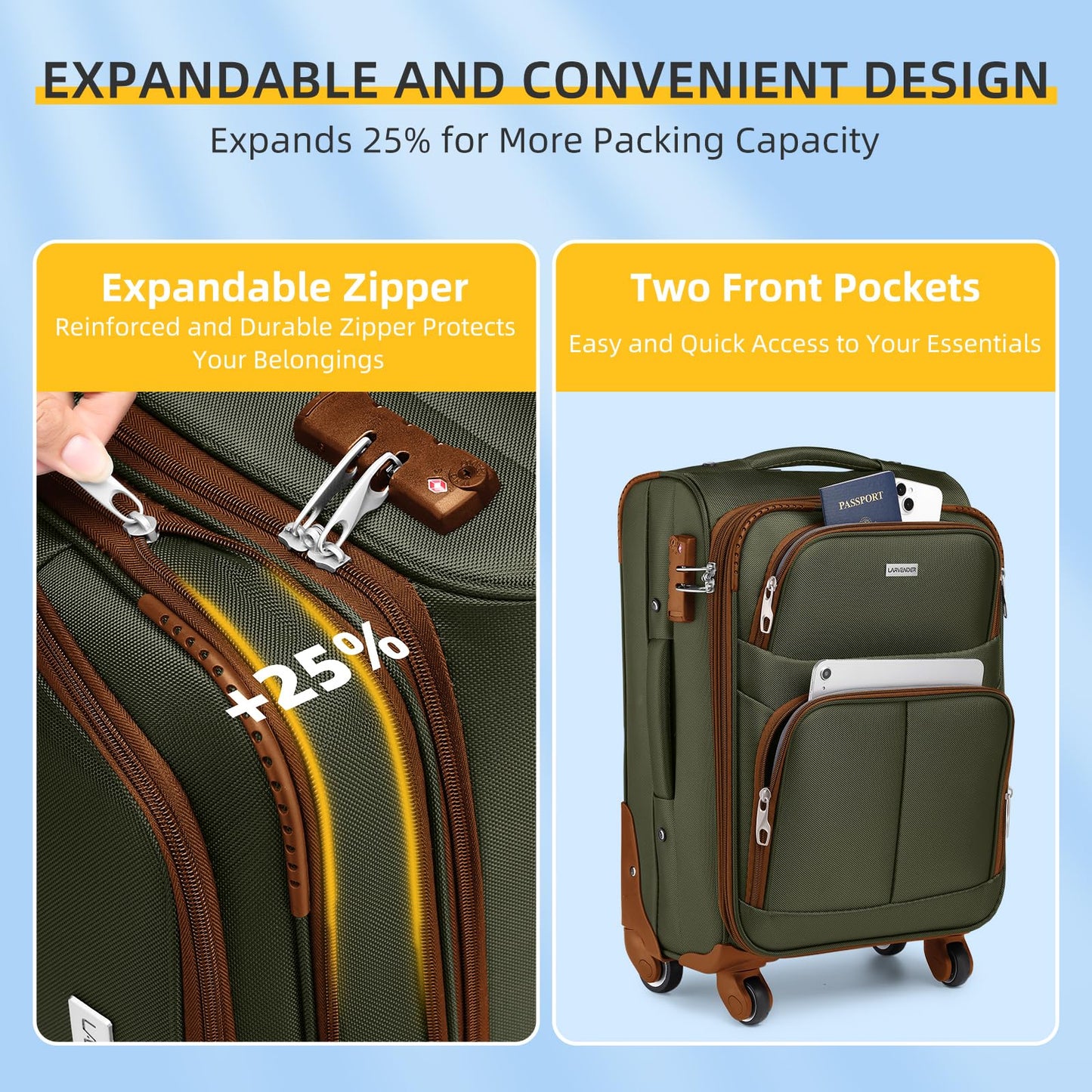 LARVENDER Expandable 5-Piece Spinner Luggage Set
