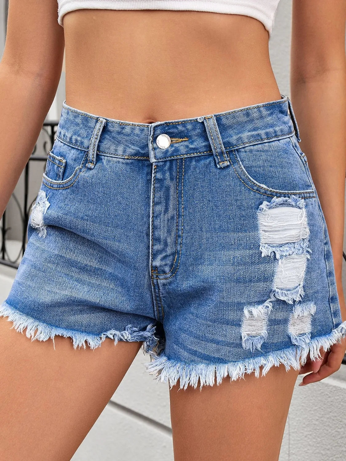 Distressed Raw Hem Denim Shorts - Premium Women / Jeans & Denim from Trendsi - Just $24.80! Shop now at Handbags Specialist Headquarter