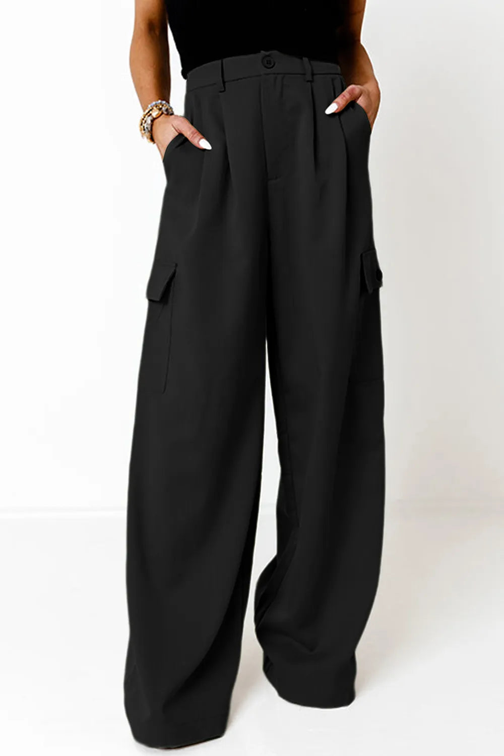 Ruched Wide Leg Pants with Pockets - Premium Bottoms from Trendsi - Just $50! Shop now at Handbags Specialist Headquarter