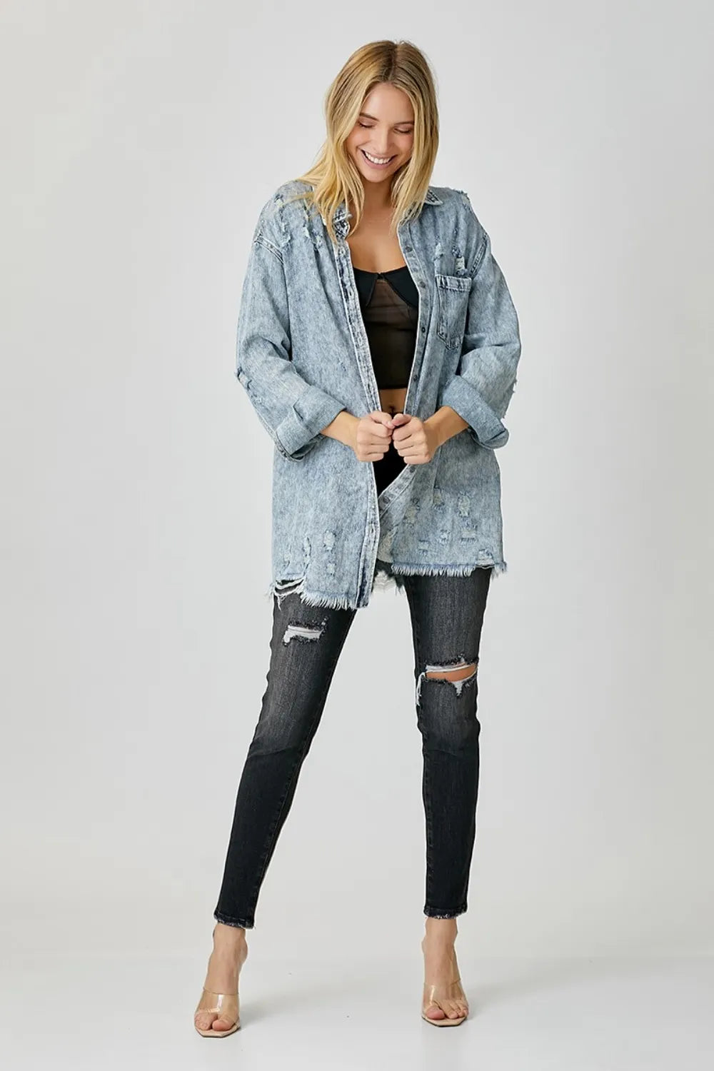 RISEN Distressed Raw Hem Denim Shirt - Premium Women / Jeans & Denim from Trendsi - Just $53.10! Shop now at Handbags Specialist Headquarter