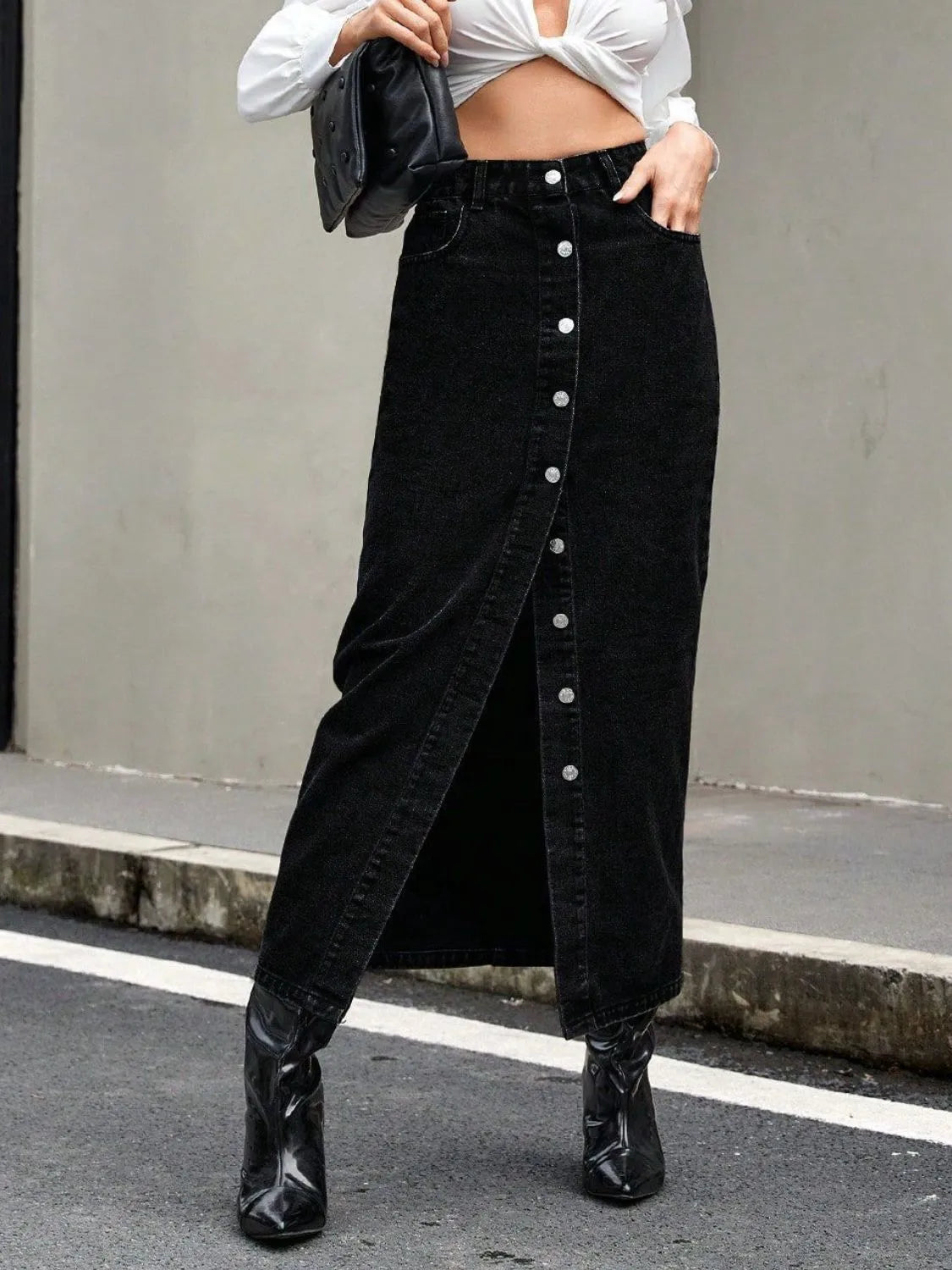 Button Front Denim Skirt - Premium Skirts from Trendsi - Just $38.99! Shop now at Handbags Specialist Headquarter