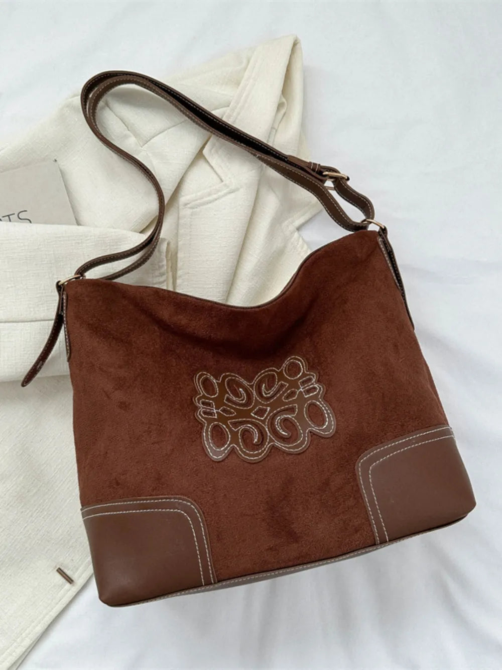 Suede Patch Adjustable Strap Tote Bag - Premium Tote Bag from Trendsi - Just $39.99! Shop now at Handbags Specialist Headquarter