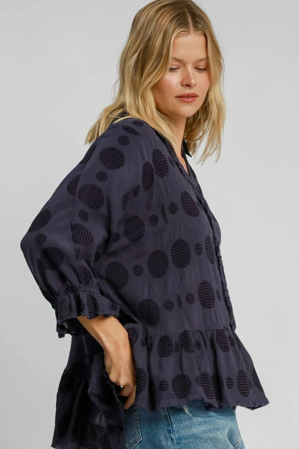 Umgee Full Size Swiss Dot Half Button Flounce Sleeve Blouse Plus Size - Premium Dresses from Trendsi - Just $53.99! Shop now at Handbags Specialist Headquarter