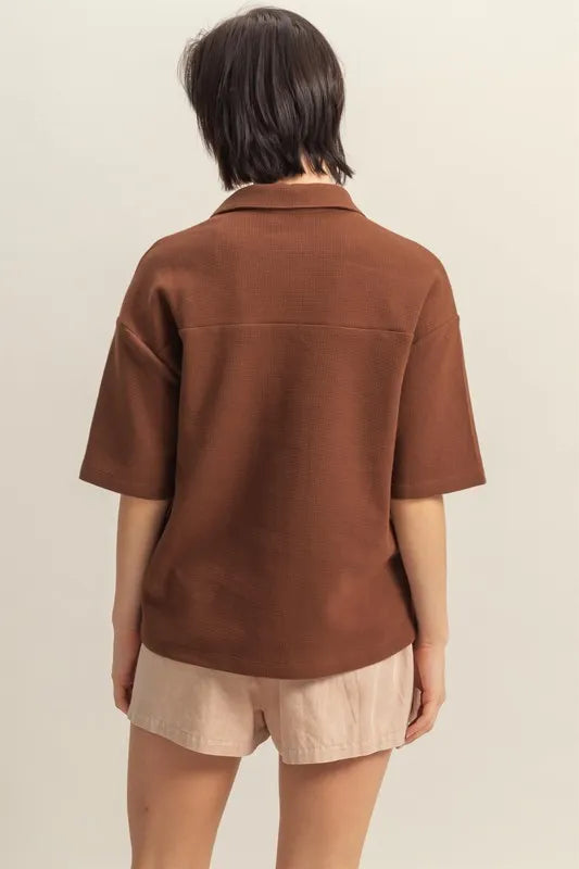 HYFVE Collared Neck Button Down Waffle Shirt - Premium Women / Tops from Trendsi - Just $35.56! Shop now at Handbags Specialist Headquarter