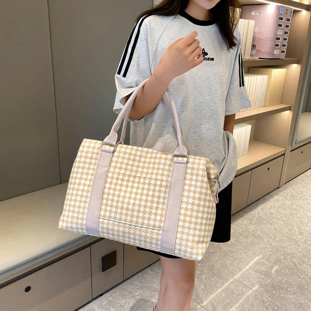 Houndstooth Canvas Travel Bag - Premium Luggage Travel Bags from Trendsi - Just $32.99! Shop now at Handbags Specialist Headquarter