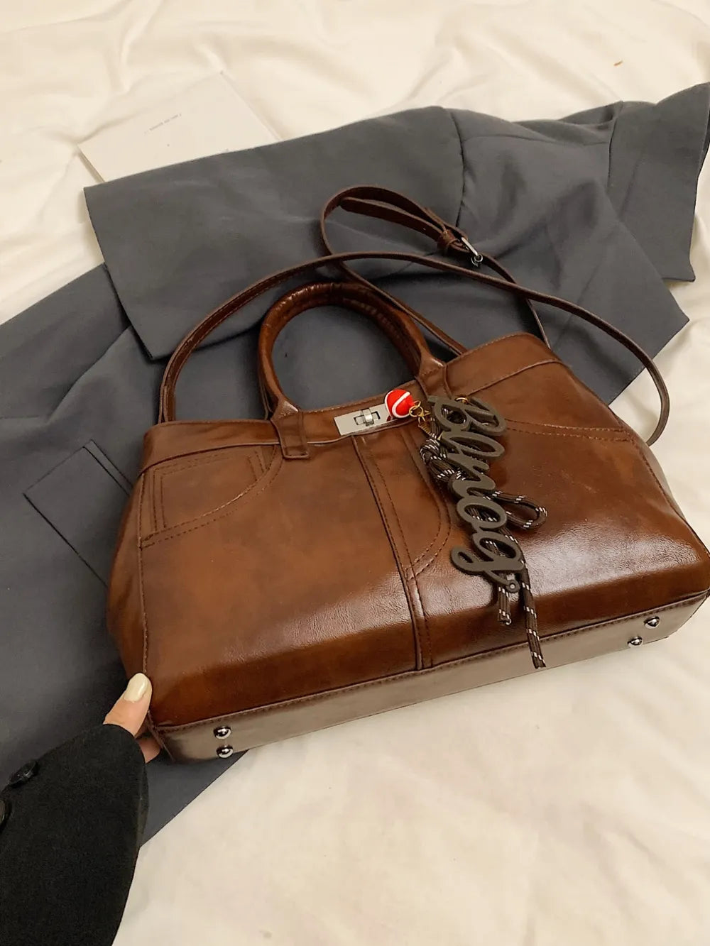 PU Leather Handbag with Pendant - Premium Tote Bag from Trendsi - Just $40.99! Shop now at Handbags Specialist Headquarter