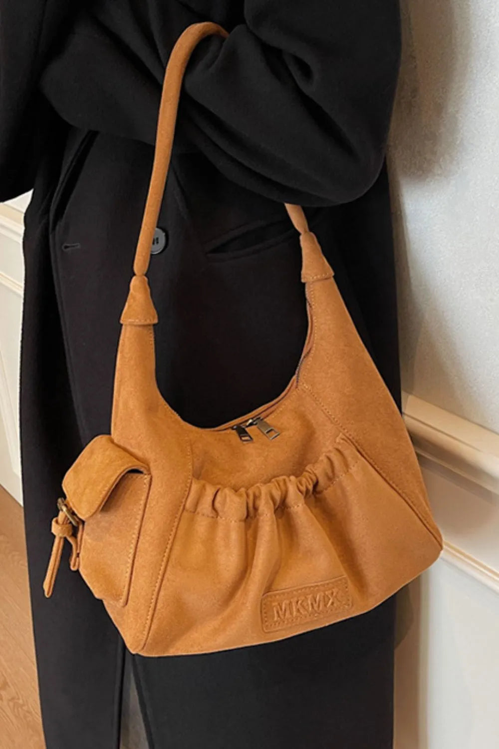 Ruched Suede Handbag with Zipper - Premium Tote Bag from Trendsi - Just $44.99! Shop now at Handbags Specialist Headquarter