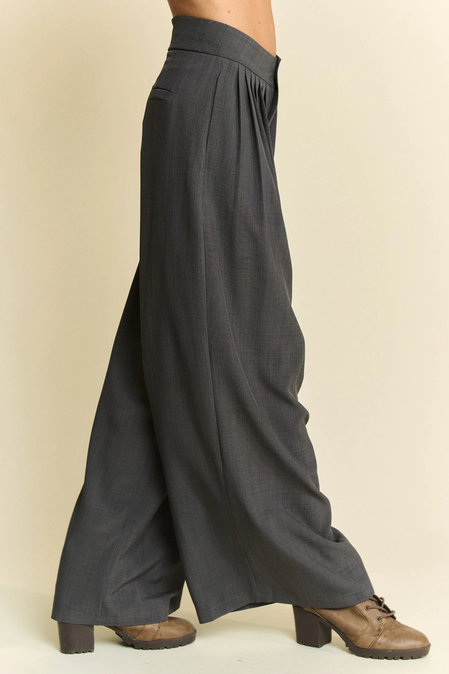 Davi & Dani Solid Back Pocket Shirring Detail Wide Leg Pants - Premium Women Pants from Trendsi - Just $57.99! Shop now at Handbags Specialist Headquarter