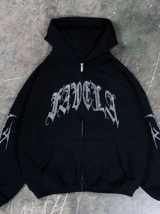 Men's Rhinestone Letter Zip Up Long Sleeve Hoodie - Premium Men's Sweatshirts from Trendsi - Just $31.02! Shop now at Handbags Specialist Headquarter