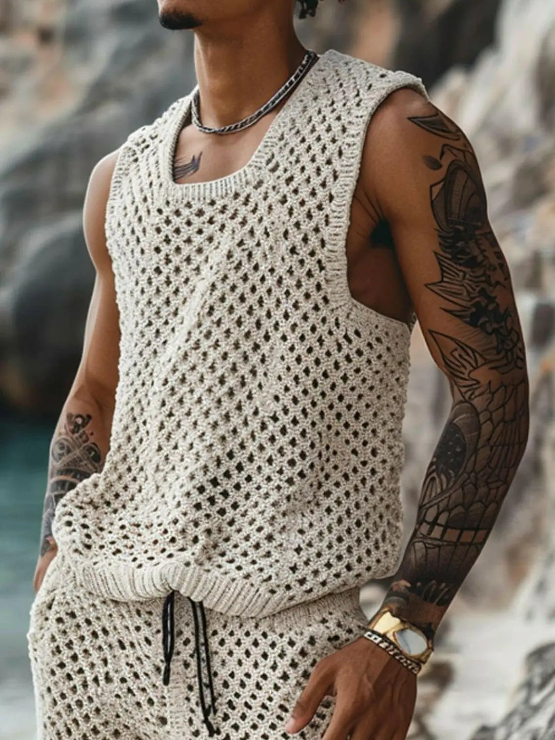 Men's Plus Size Hollow Out Round Neck Tank and Shorts Set.