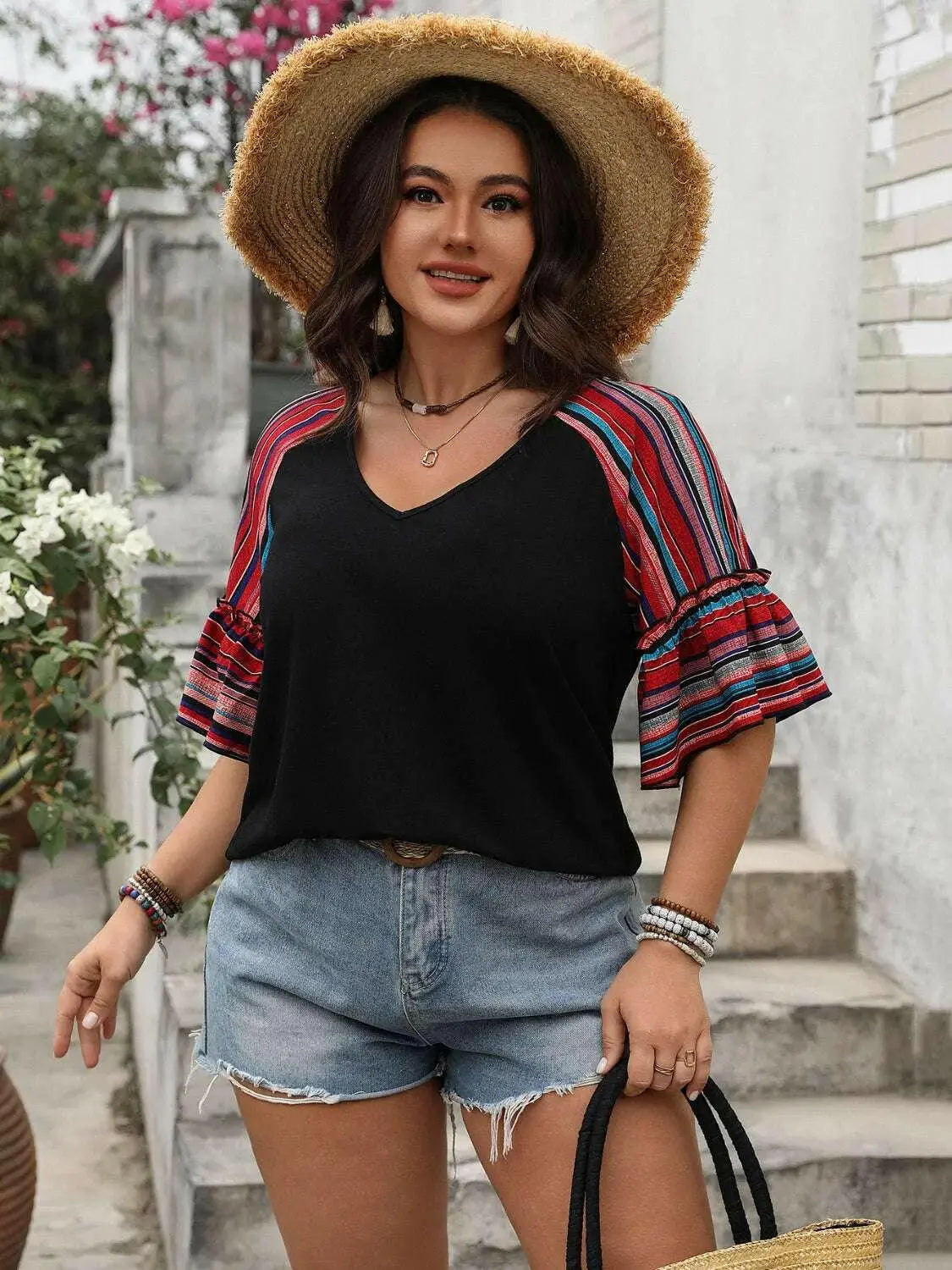 Plus Size V-Neck Flounce Sleeve Top.