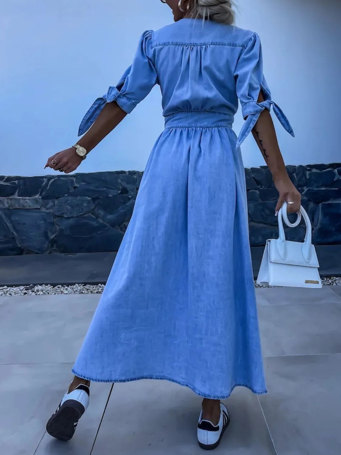 Button Front V-Neck Half Sleeve Denim Dress - Premium Women / Jeans & Denim from Trendsi - Just $53.68! Shop now at Handbags Specialist Headquarter