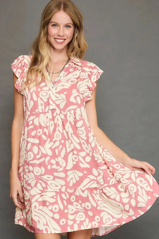 Umgee Full Size Two Tone Printed Ruffled Cap Sleeve Mini Dress Plus Size.