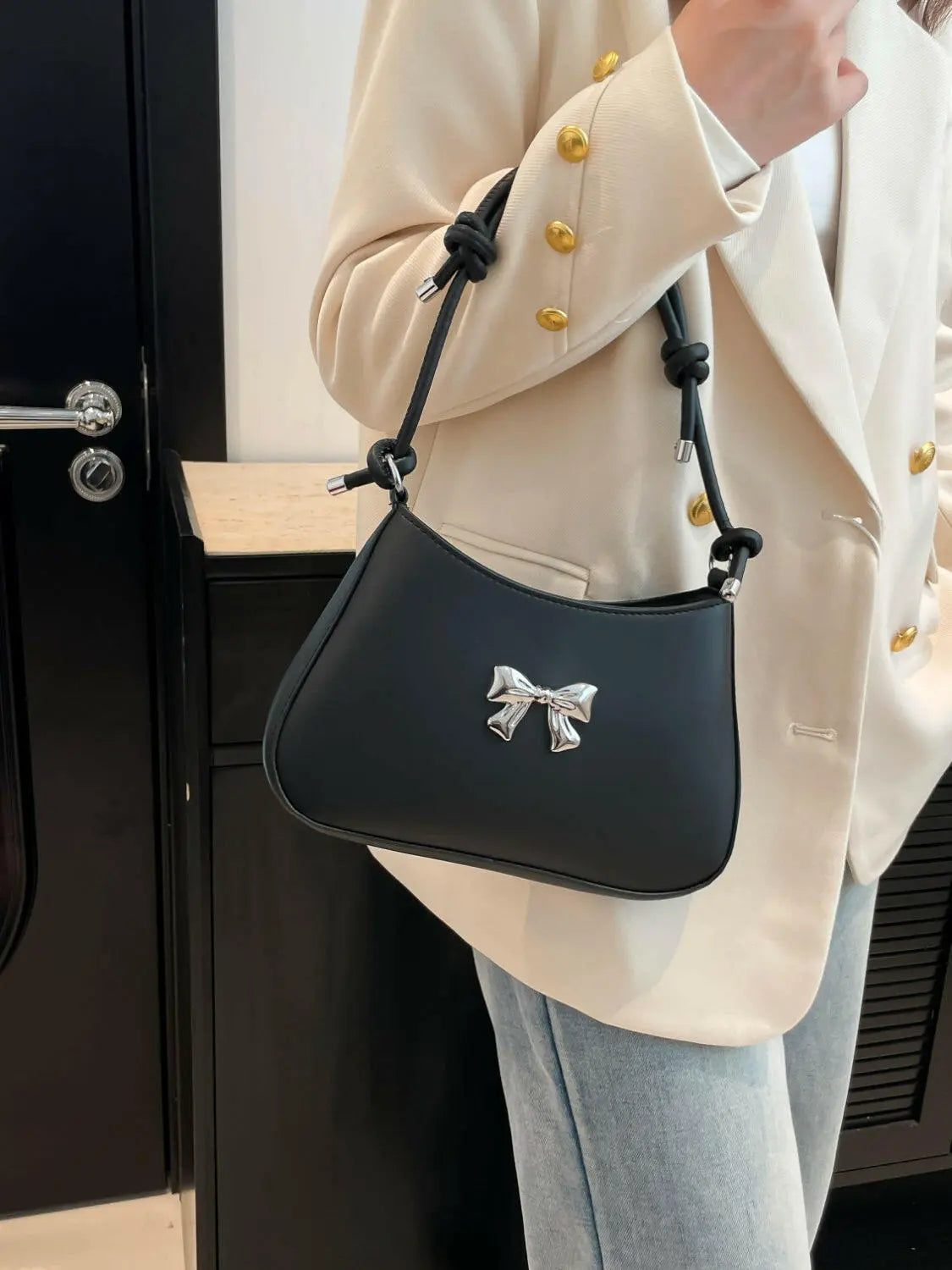 Bow PU Leather Knotted Strap Handbag.