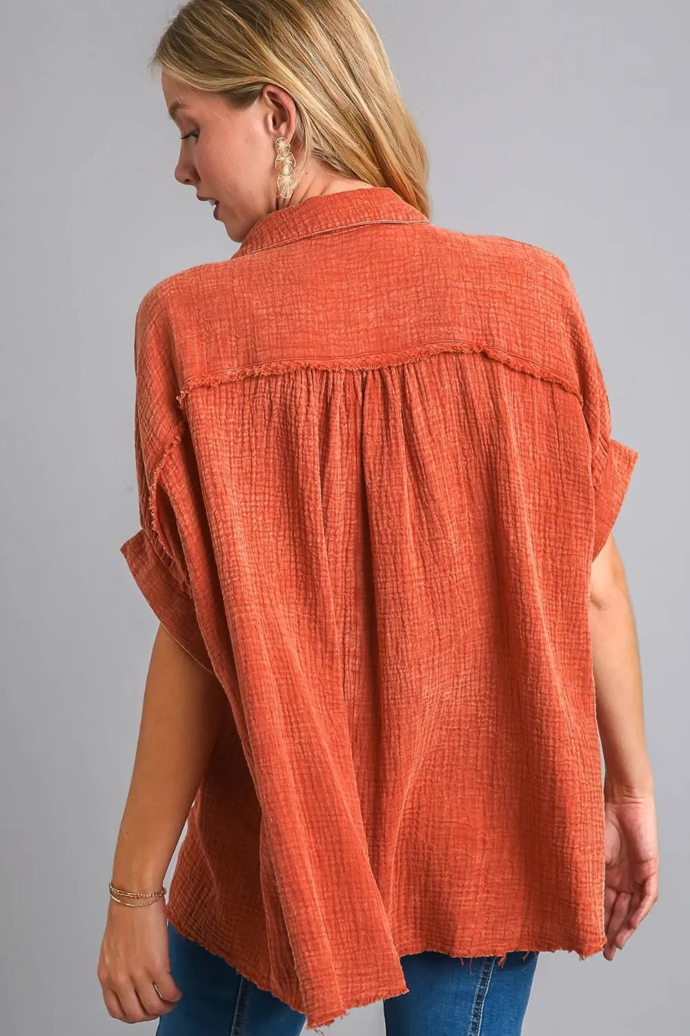 Umgee Full Size Cotton Gauze Mineral Wash Button Down Shirt Plus Size - Premium Dresses from Trendsi - Just $55.99! Shop now at Handbags Specialist Headquarter