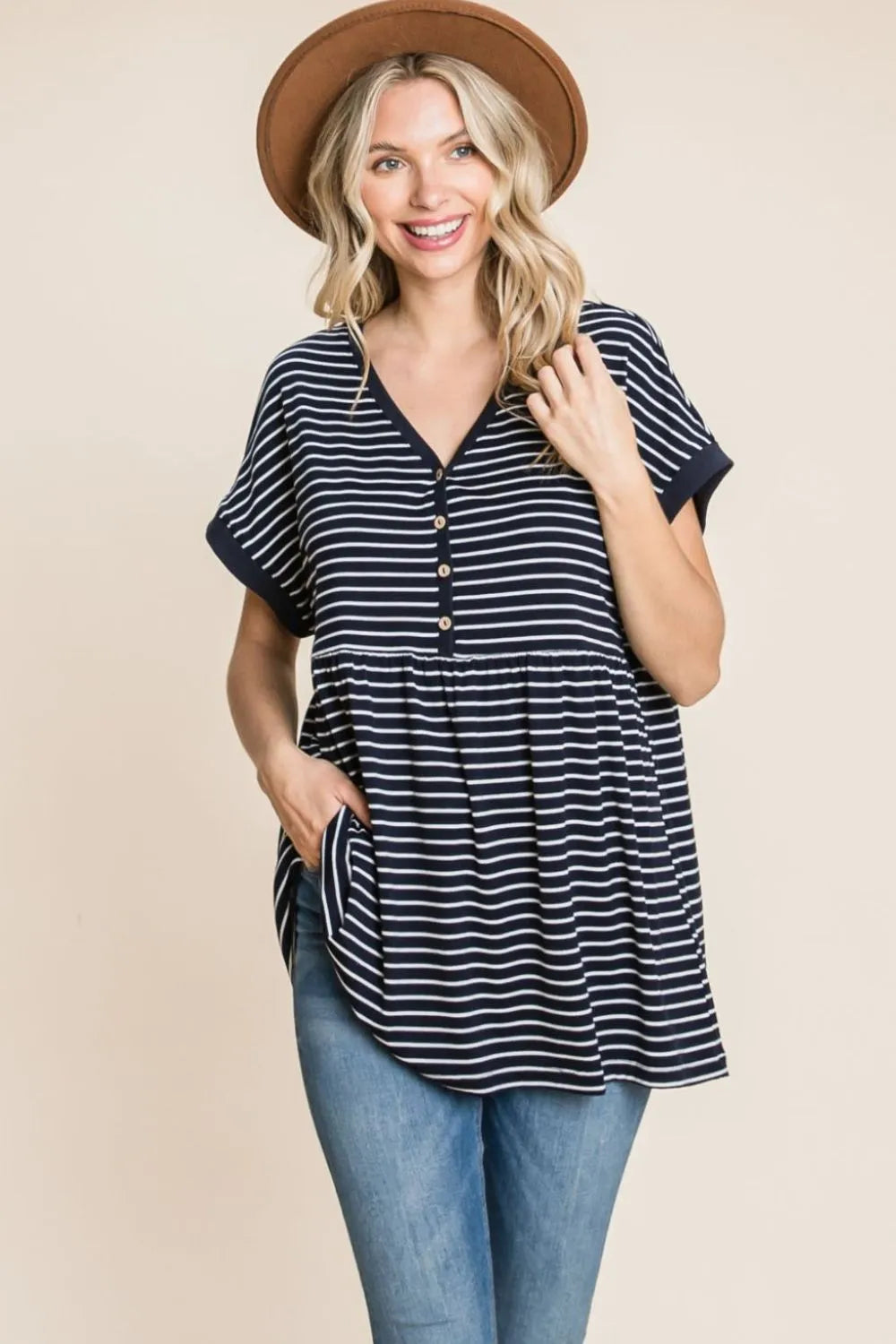 Cotton Bleu by Nu Label Striped Button Front Baby Doll Top - Premium Women / Jeans & Denim from Trendsi - Just $24.58! Shop now at Handbags Specialist Headquarter