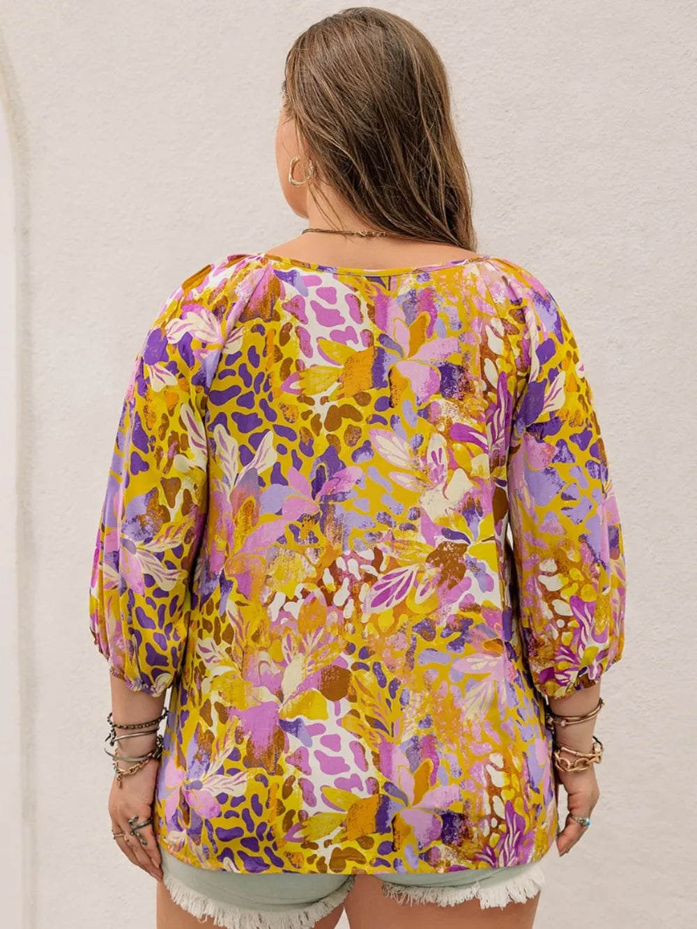 Plus Size Printed Tie Neck Blouse - Premium Plus Size Shirts from Trendsi - Just $28.50! Shop now at Handbags Specialist Headquarter