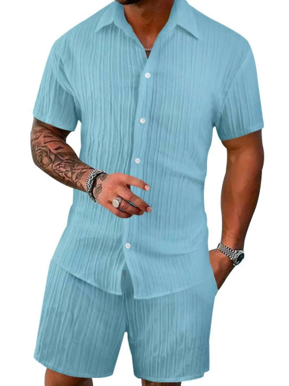 Men's Full Size Button Down Short Sleeve Shirt and Shorts Set Plus Size.