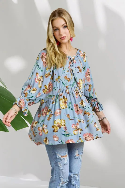 ADORA Floral Peasant Tunic Top - Premium Women / Jeans & Denim from Trendsi - Just $41.74! Shop now at Handbags Specialist Headquarter