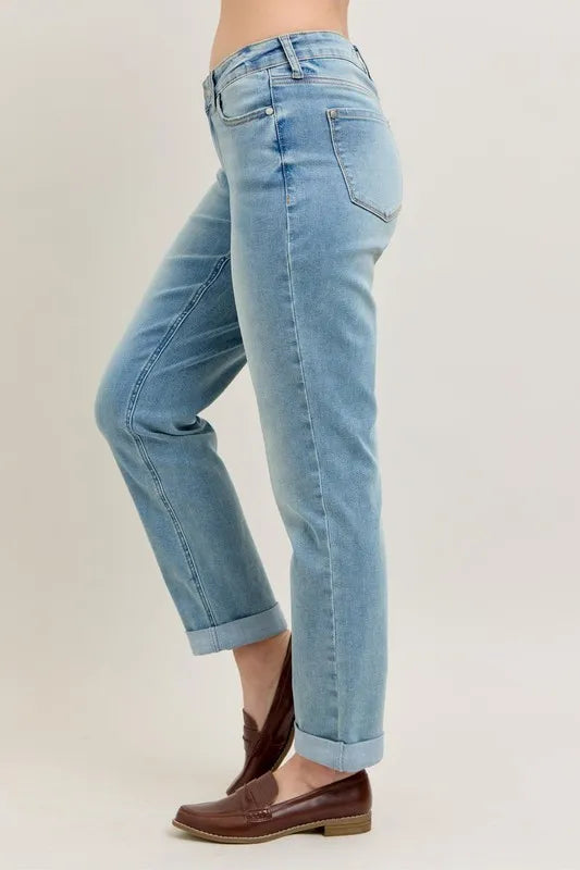 Judy Blue Full Size V-Front Cuff Boyfriend Jeans Plus Size - Premium Women / Jeans & Denim from Trendsi - Just $58.99! Shop now at Handbags Specialist Headquarter
