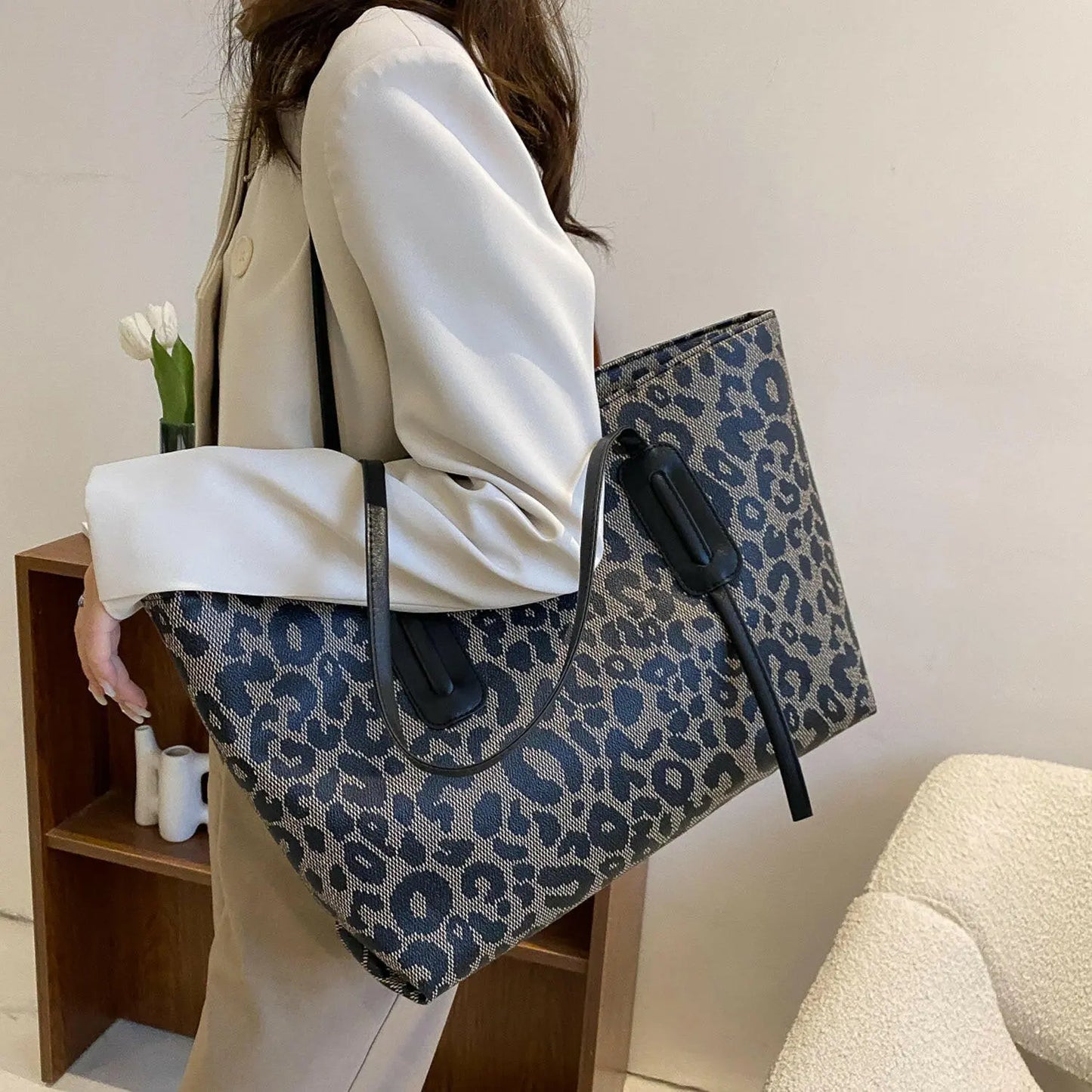 PU Leather Leopard Tote Bag.