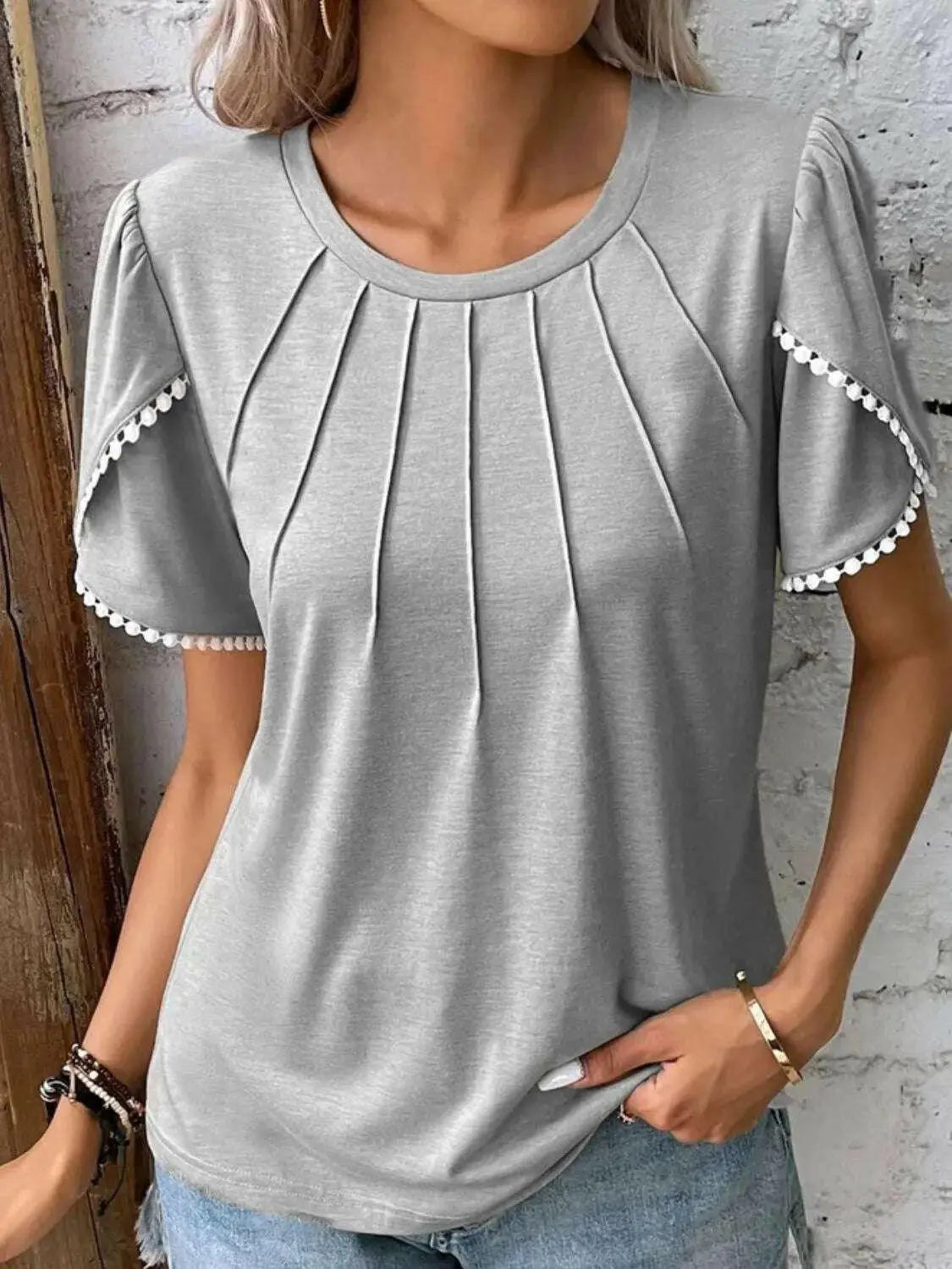Full Size Round Neck Petal Sleeve Blouse Plus Size.