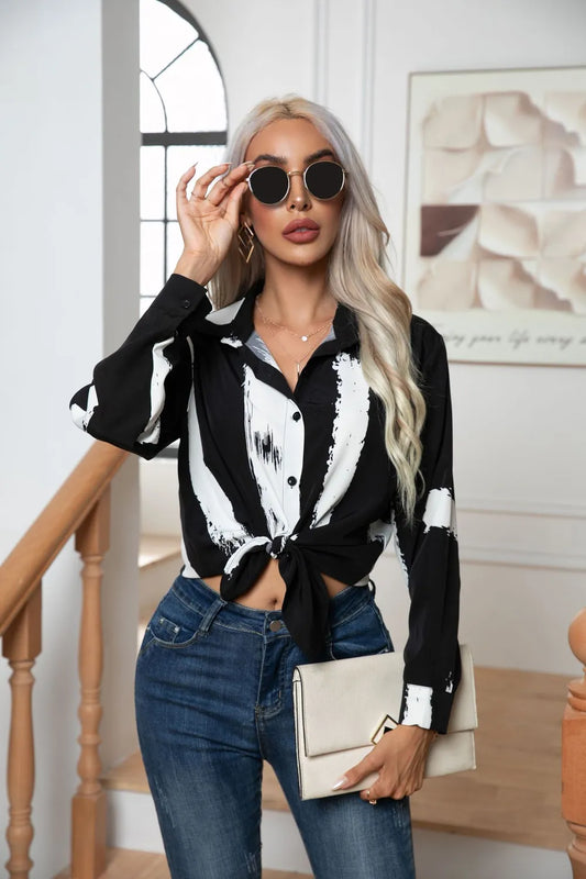 Button Down Printed Long Sleeve Shirt - Premium Women's Down Shirt Tops from Trendsi - Just $20.78! Shop now at Handbags Specialist Headquarter