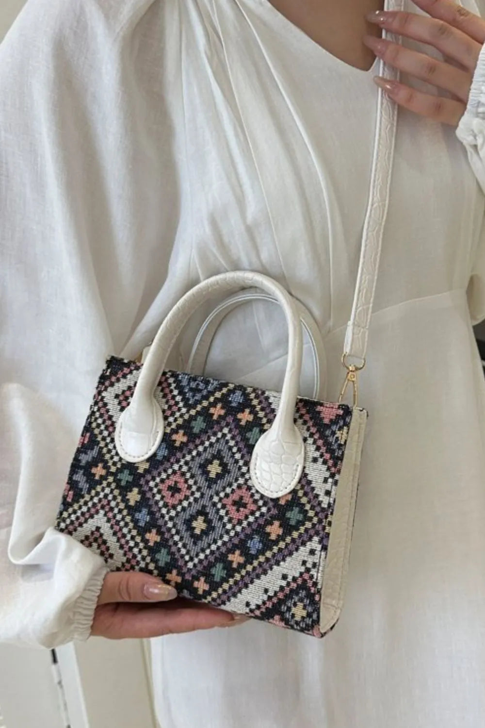 Geometric PU Leather Strap Handbag - Premium handbags from Trendsi - Just $19.99! Shop now at Handbags Specialist Headquarter