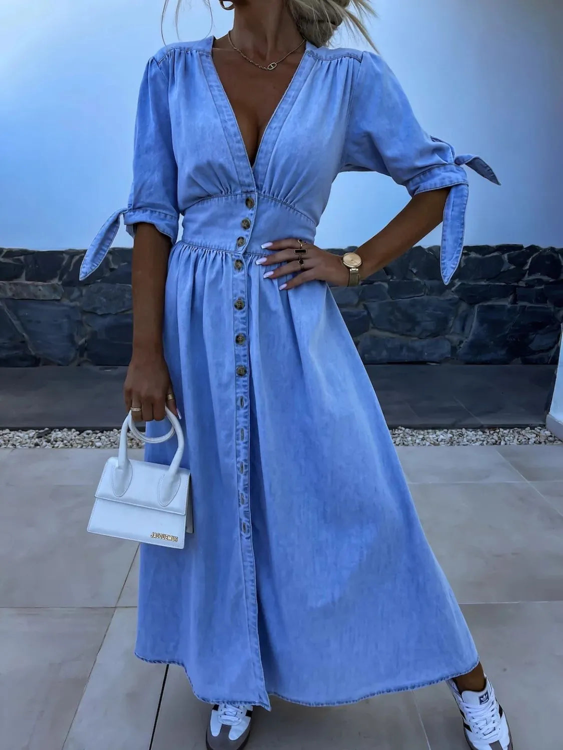 Button Front V-Neck Half Sleeve Denim Dress - Premium Women / Jeans & Denim from Trendsi - Just $53.68! Shop now at Handbags Specialist Headquarter