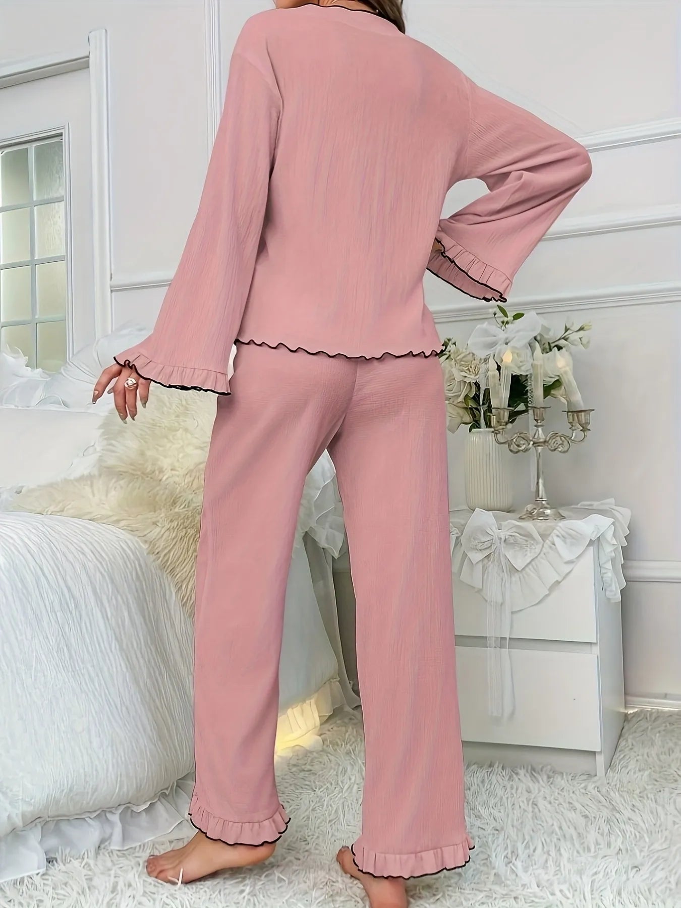 Contrast Trim Bow Tie Shirt and Pants Lounge Set - Premium Sleepwear from Trendsi - Just $31.99! Shop now at Handbags Specialist Headquarter