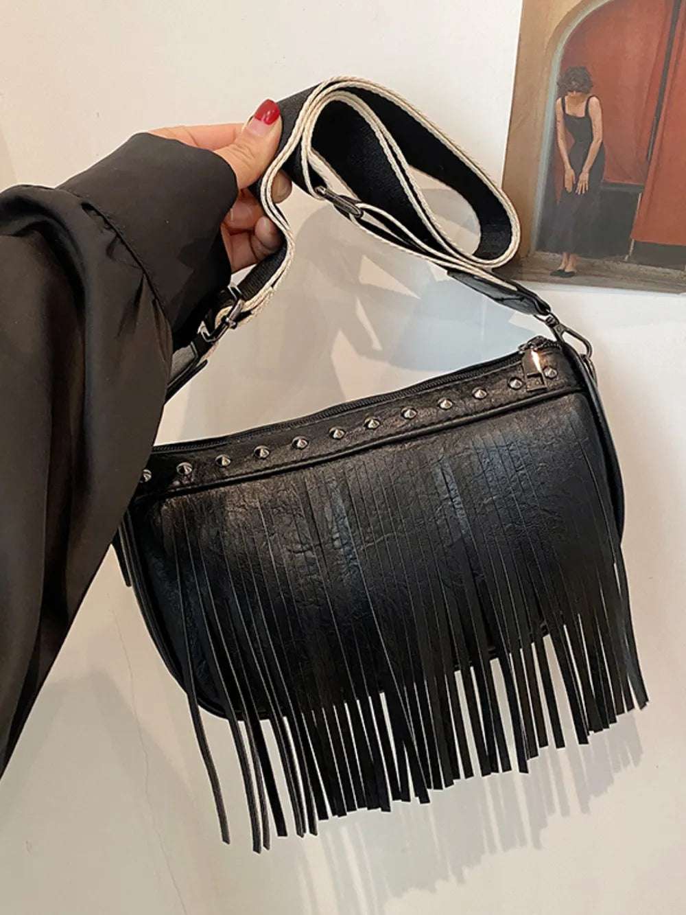 PU Leather Fringe Studded Crossbody Bag - Premium Crossbody Bag from Trendsi - Just $29.99! Shop now at Handbags Specialist Headquarter