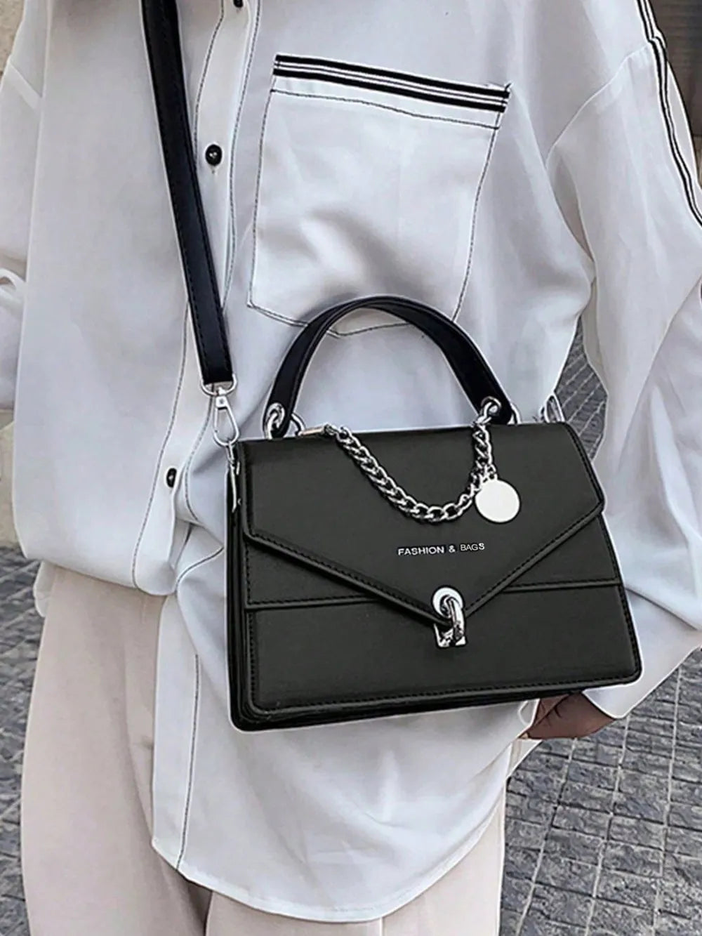 Chain PU Leather Detachable Shoulder Strap Handbag - Premium handbags from Trendsi - Just $31.99! Shop now at Handbags Specialist Headquarter
