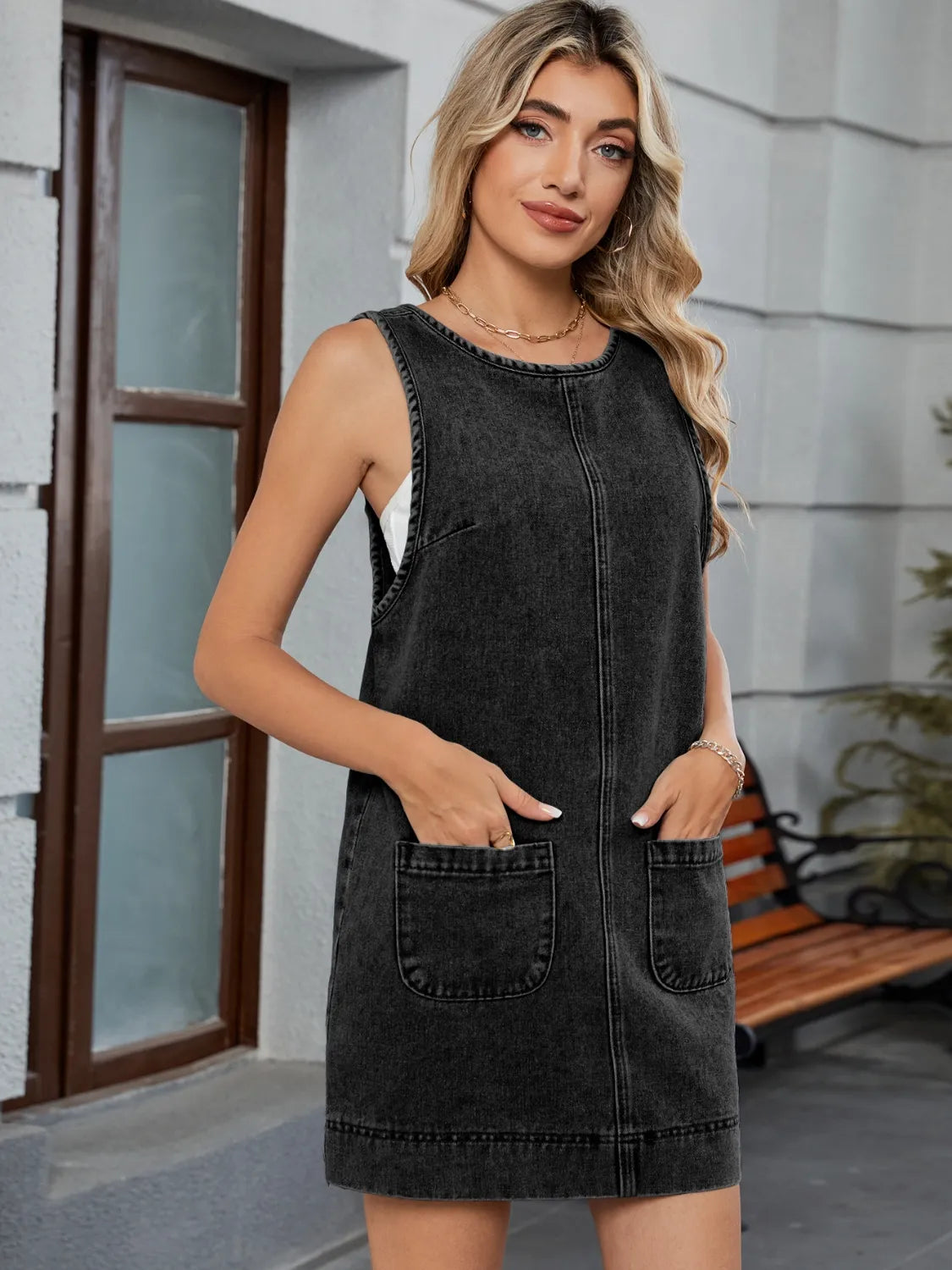 Round Neck Denim Overall Dress - Premium Women / Jeans & Denim from Trendsi - Just $30.94! Shop now at Handbags Specialist Headquarter