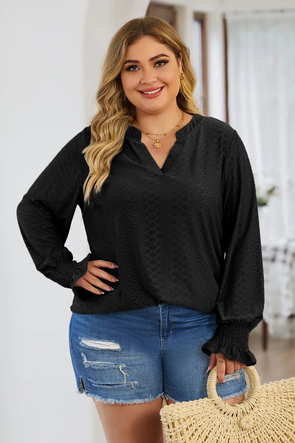 Plus Size Eyelet Notched Flounce Sleeve Blouse - Premium Plus Size Shirts from Trendsi - Just $27! Shop now at Handbags Specialist Headquarter