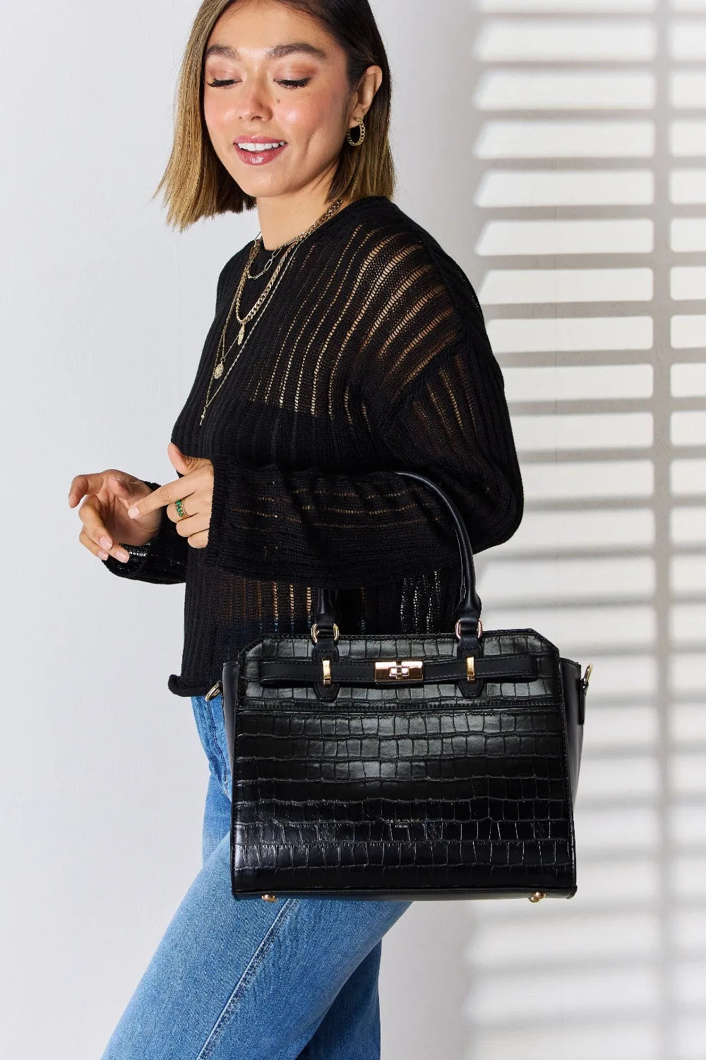 David Jones Texture PU Leather Handbag - Premium handbags from Trendsi - Just $57.99! Shop now at Handbags Specialist Headquarter