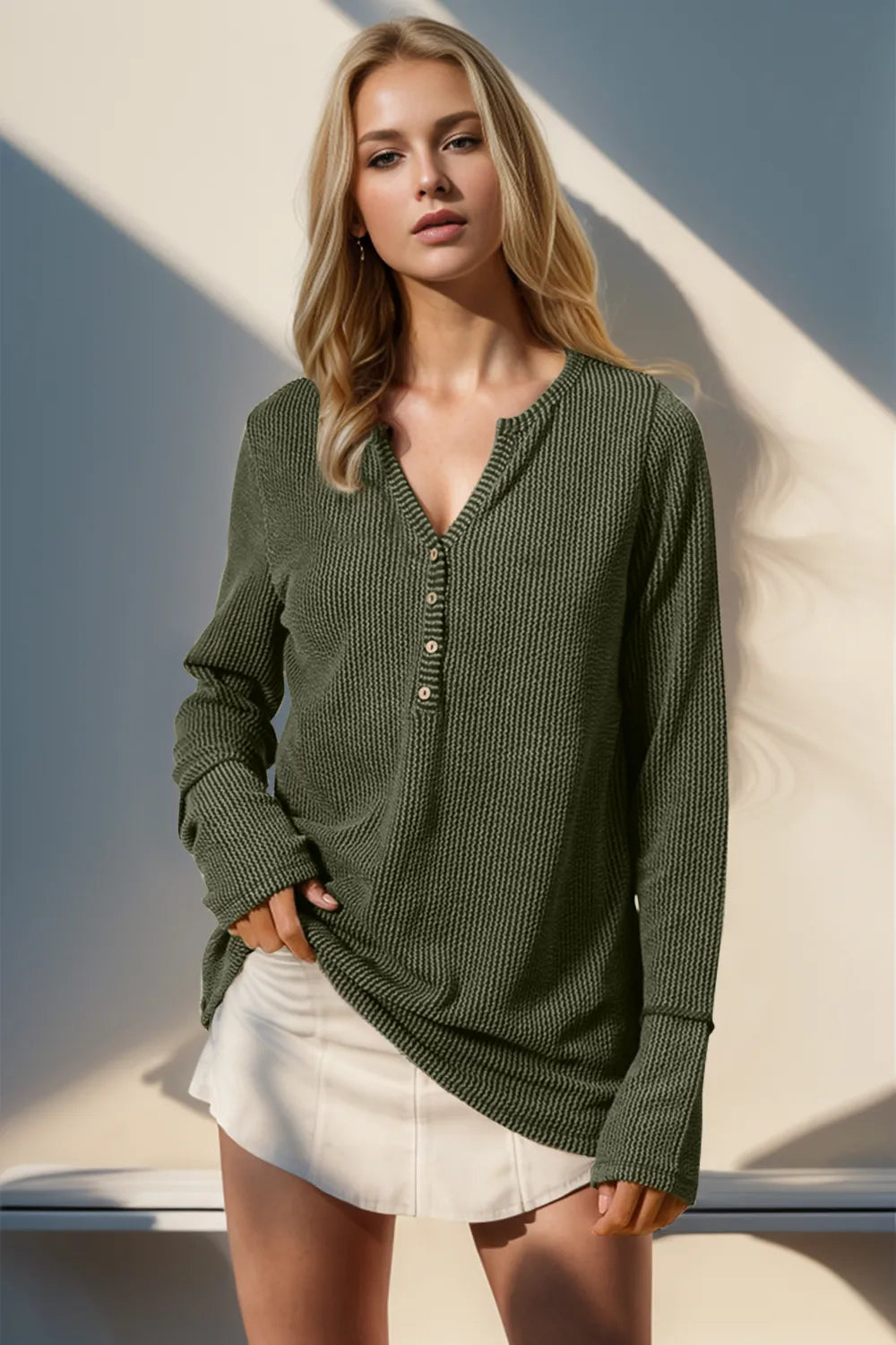 Double Take Full Size Notched Thumbhole Long Sleeve T-Shirt - Premium Tops from Trendsi - Just $25.88! Shop now at Handbags Specialist Headquarter