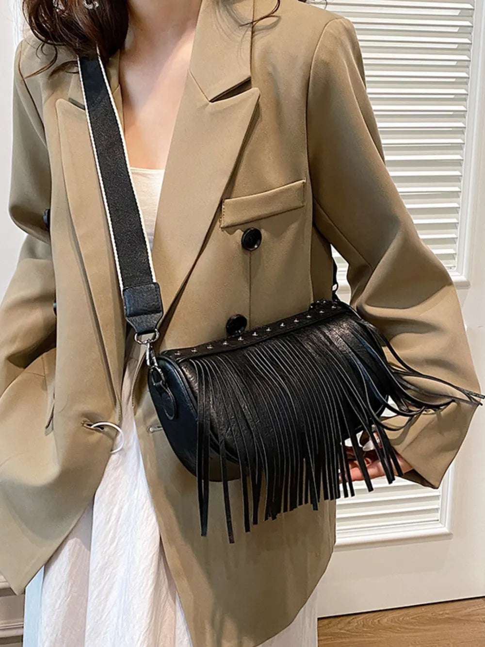 PU Leather Fringe Studded Crossbody Bag - Premium Crossbody Bag from Trendsi - Just $29.99! Shop now at Handbags Specialist Headquarter