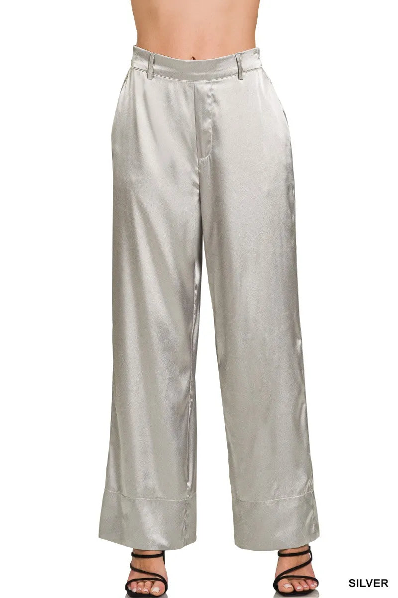 Zenana Wide-Leg Satin Pants - Premium Women Pants from Trendsi - Just $26.99! Shop now at Handbags Specialist Headquarter