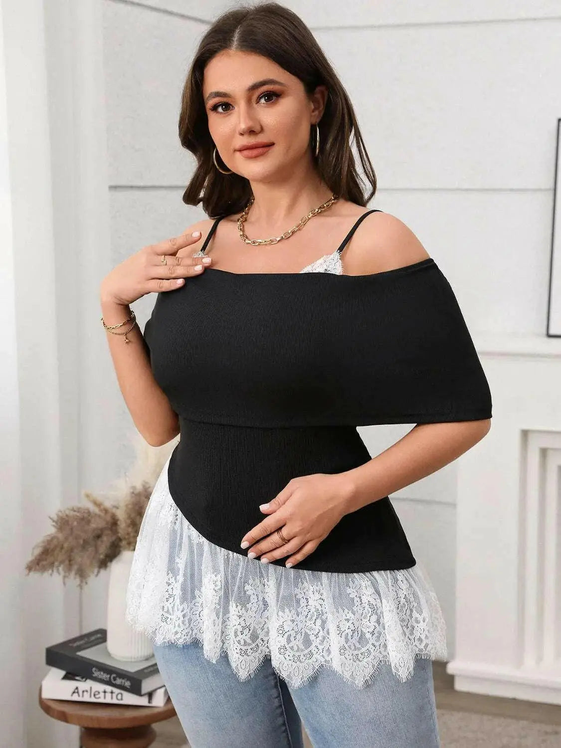 Plus Size Lace Detail Spaghetti Strap Short Sleeve Top.