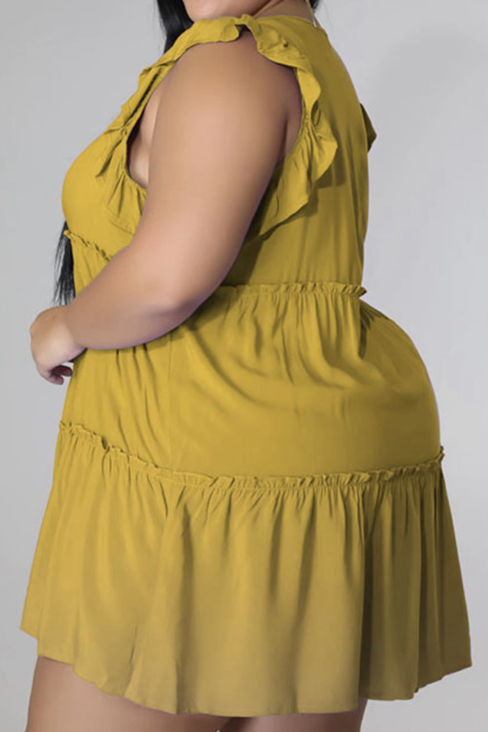 Plus Size V-Neck Frill Trim Mini Dress - Premium Dresses from Trendsi - Just $36.99! Shop now at Handbags Specialist Headquarter