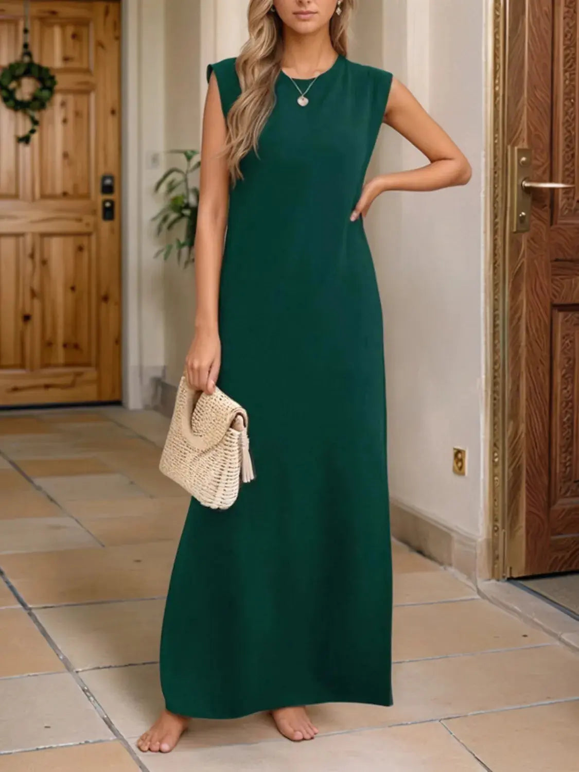 Full Size Slit Round Neck Sleeveless Maxi Tank Dress Plus Size.