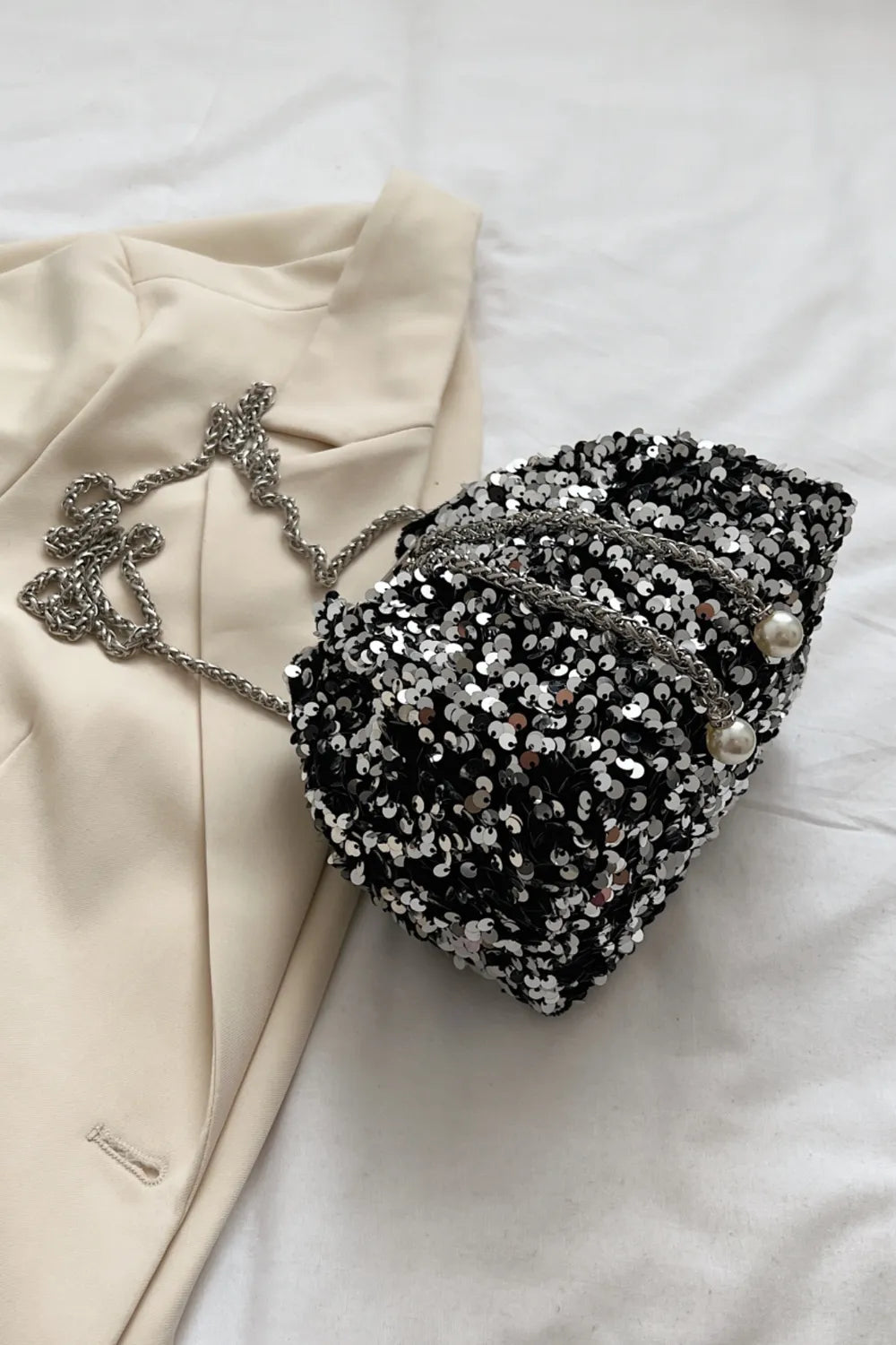 Sequin Chain Drawstring Bucket Bag - Premium Crossbody Bag from Trendsi - Just $21.99! Shop now at Handbags Specialist Headquarter
