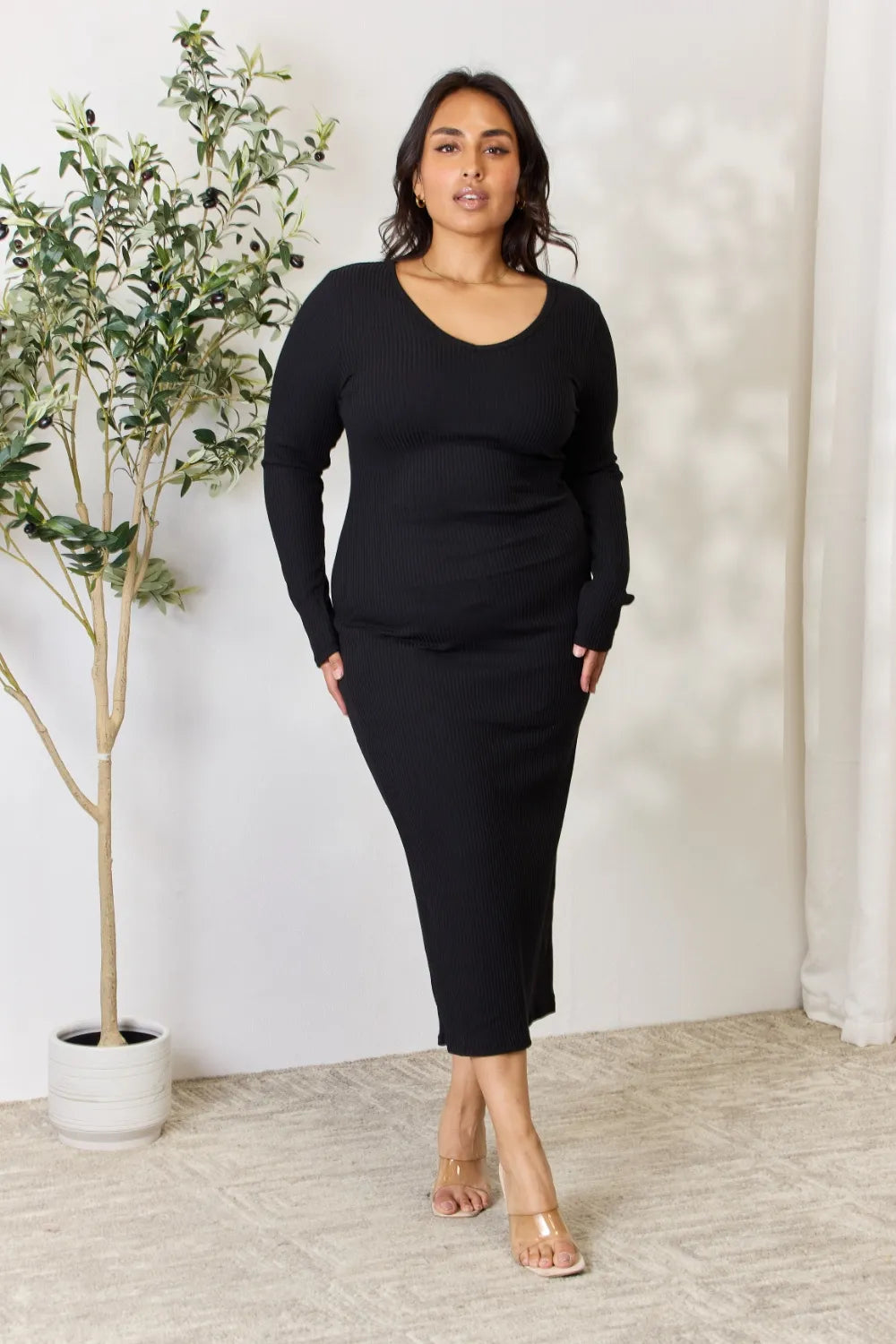 Culture Code Full Size Ribbed Long Sleeve Midi Slit Dress - Premium Dresses from Trendsi - Just $24.99! Shop now at Handbags Specialist Headquarter