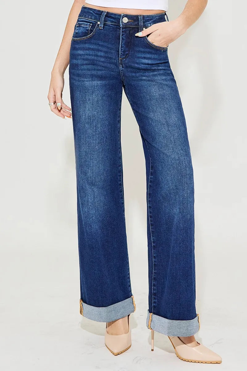 RISEN Full Size Tummy Control High Rise Wide Leg Cuffed Jeans Plus Size - Premium Women / Jeans & Denim from Trendsi - Just $70.99! Shop now at Handbags Specialist Headquarter