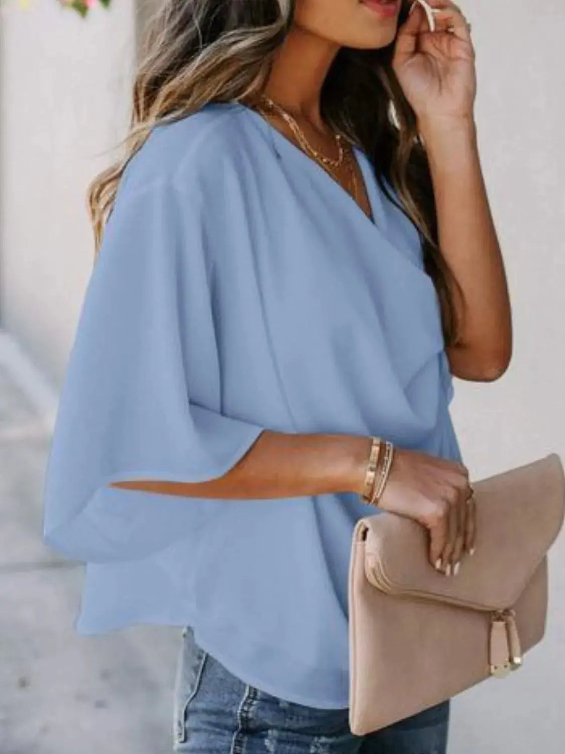 Full Size Ruched Three-Quarter Sleeve Blouse Plus Size.