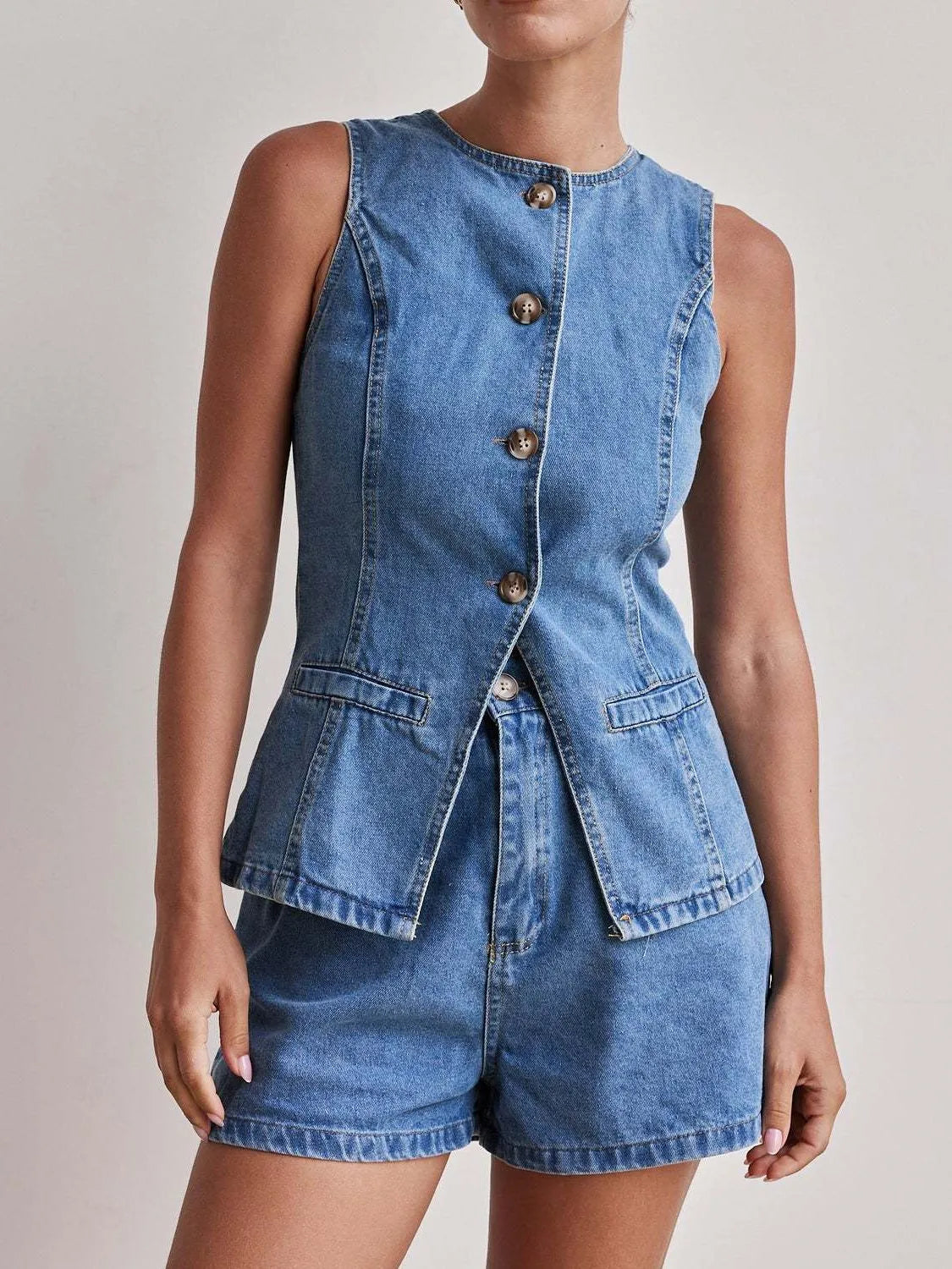 Button Down Vest and Shorts Denim Set - Premium Women / Jeans & Denim from Trendsi - Just $65.12! Shop now at Handbags Specialist Headquarter