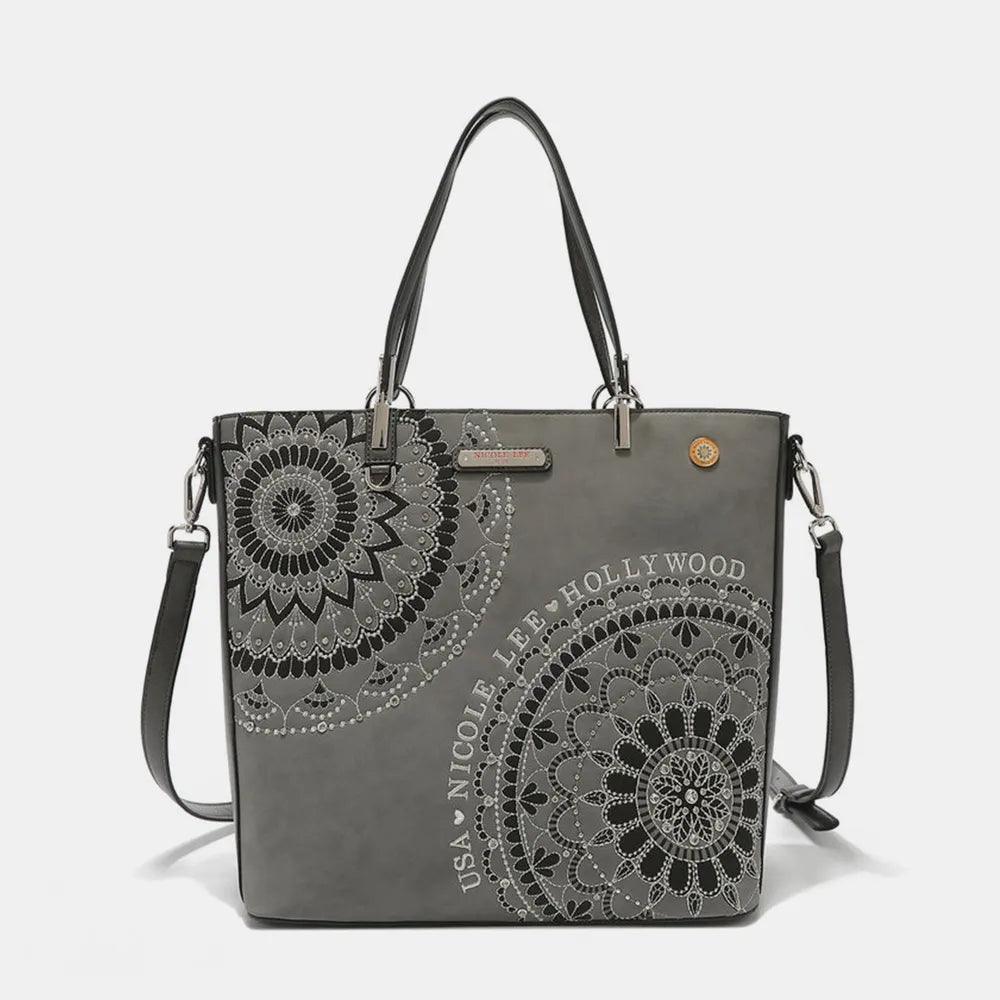 Nicole Lee USA Metallic Stitching Embroidery Inlaid Rhinestone Tote Bag - Premium Tote Bag from Trendsi - Just $64.99! Shop now at Handbags Specialist Headquarter