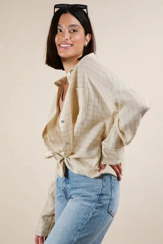 VERY J Plus Size Oversized Striped Button Down Shirt Top.